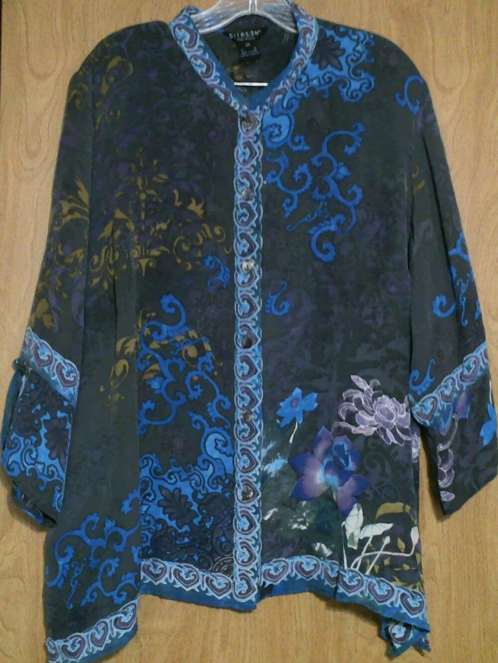 Citron Santa Monica Drapey Mandarin Shirt 2X Button-Up, Splits, Silk, MachWashbl